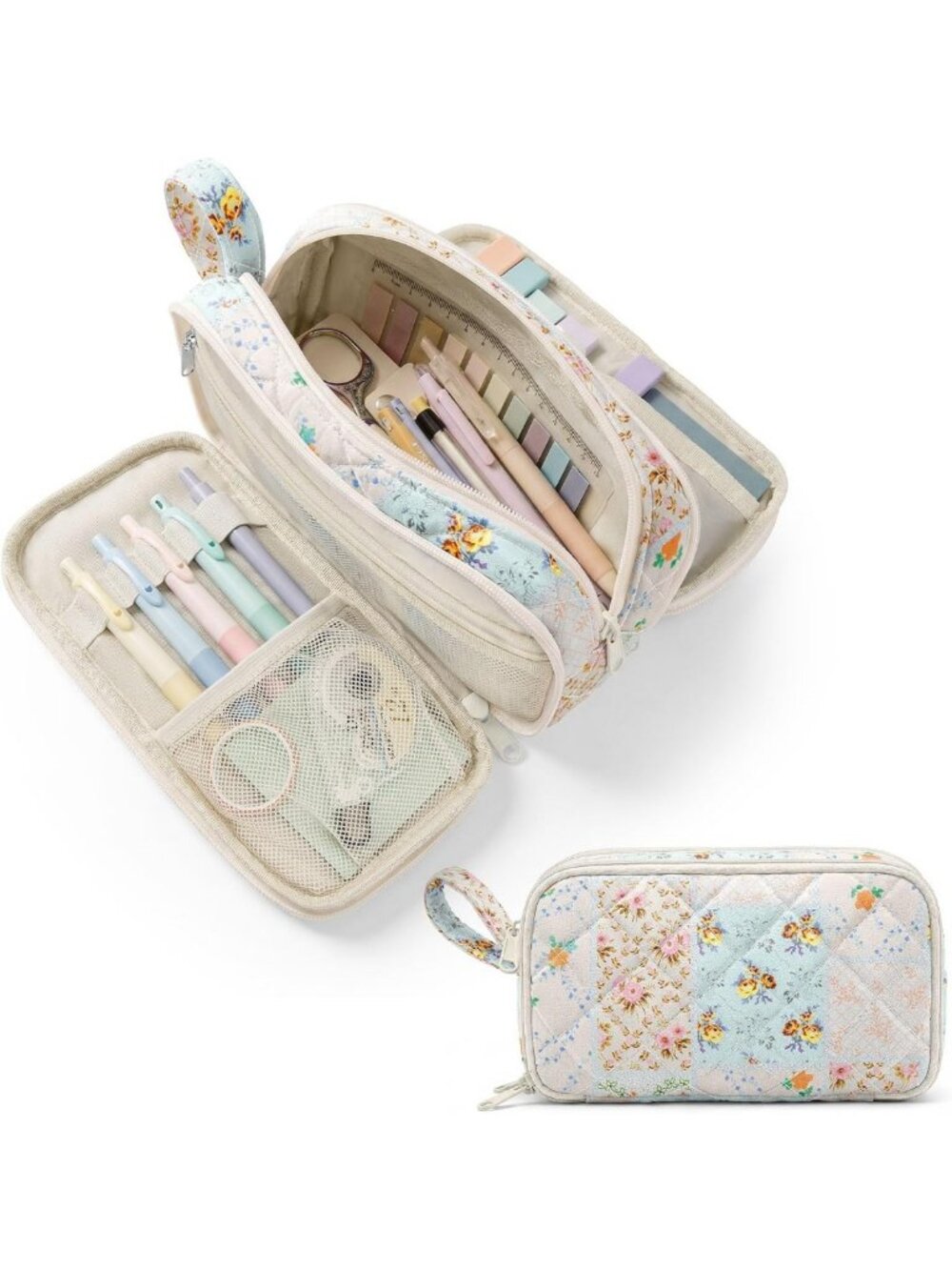 Cute Quilted Pencil Case for Girls | Large Capacity 3 Compartment Organizer